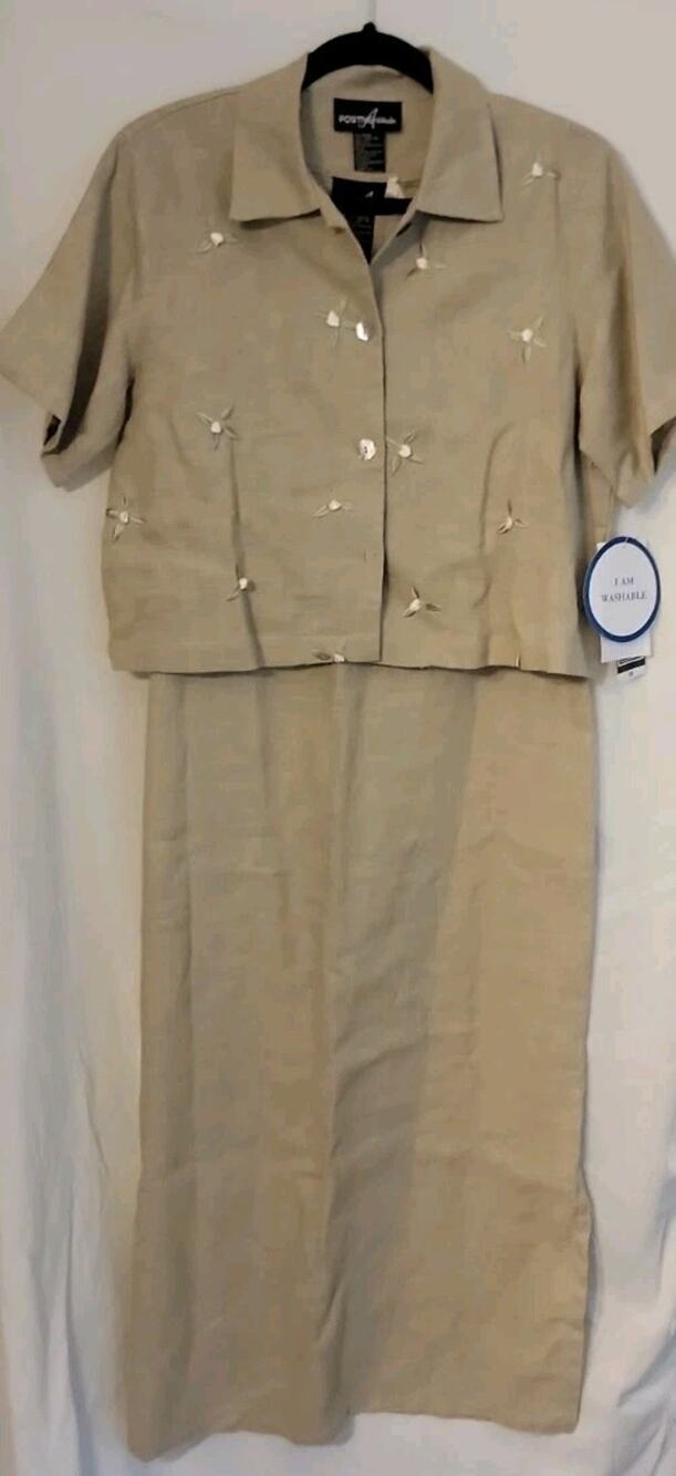Positive Attitude 100% Linen embroidered Sheath Dress & Jacket Medium Petite